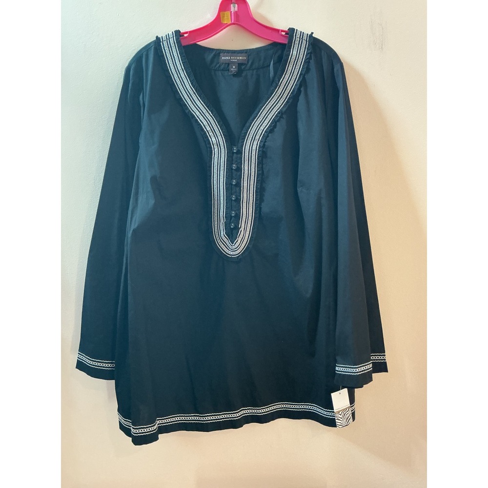 Dana Buchman Black Embroidered V Neck Tunic Top‎ Plus Size 1X Long Sleeve